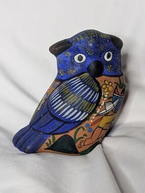 Vintage Hand Painted Mexican Tonala Pottery Owl Figurine